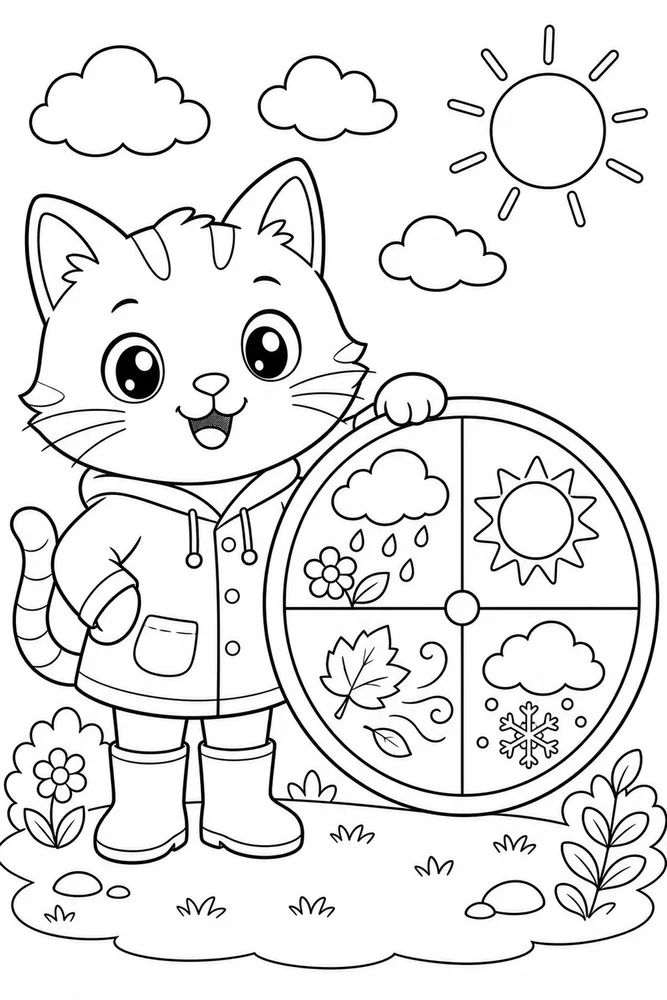 Weather Cat Season Wheel printable coloring page for kids