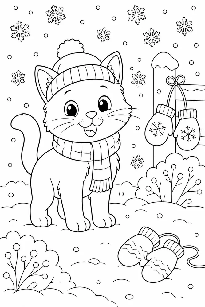 Weather Cat Snowflake Yard printable coloring page for kids