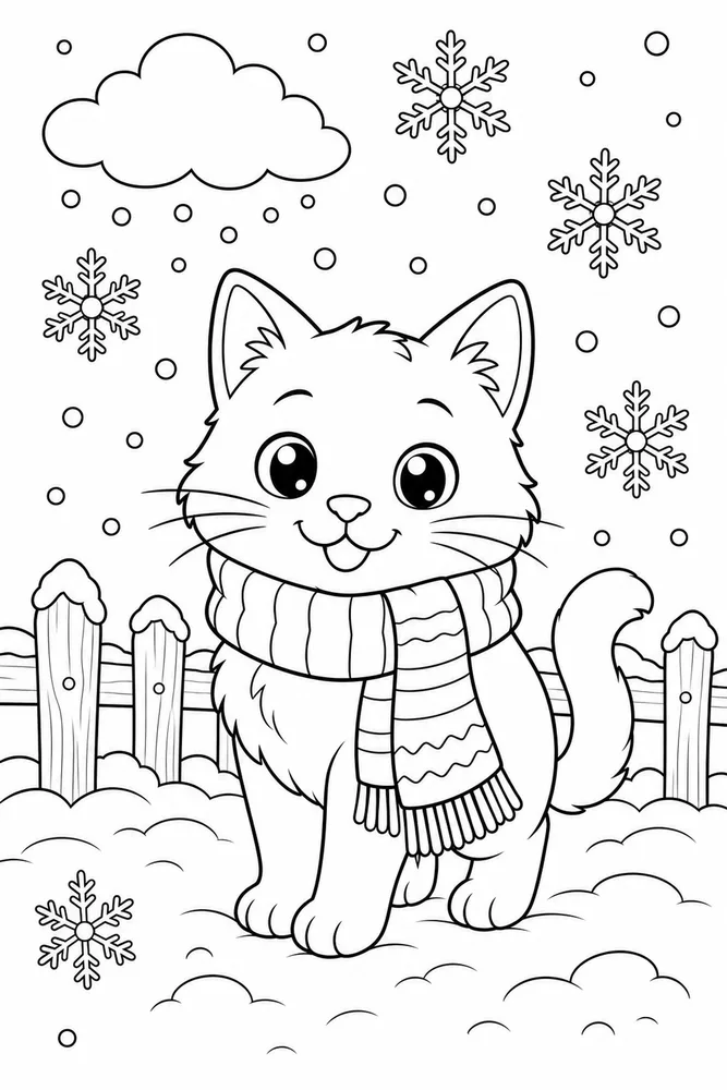 Weather Cat Snowy Scarf printable coloring page for kids