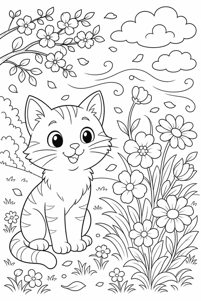 Weather Cat Spring Breeze printable coloring page for kids