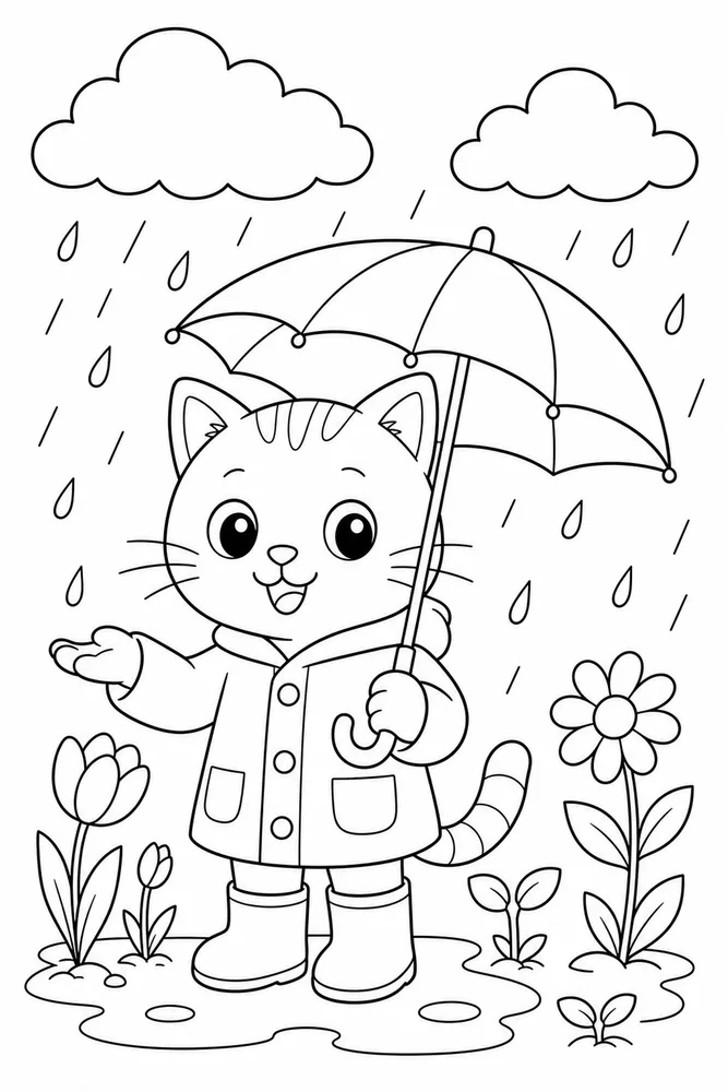 Weather Cat Spring Rain printable coloring page for kids