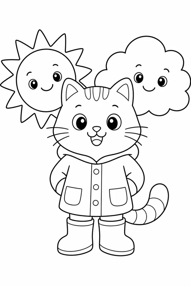 Weather Cat Sun And Cloud printable coloring page for kids