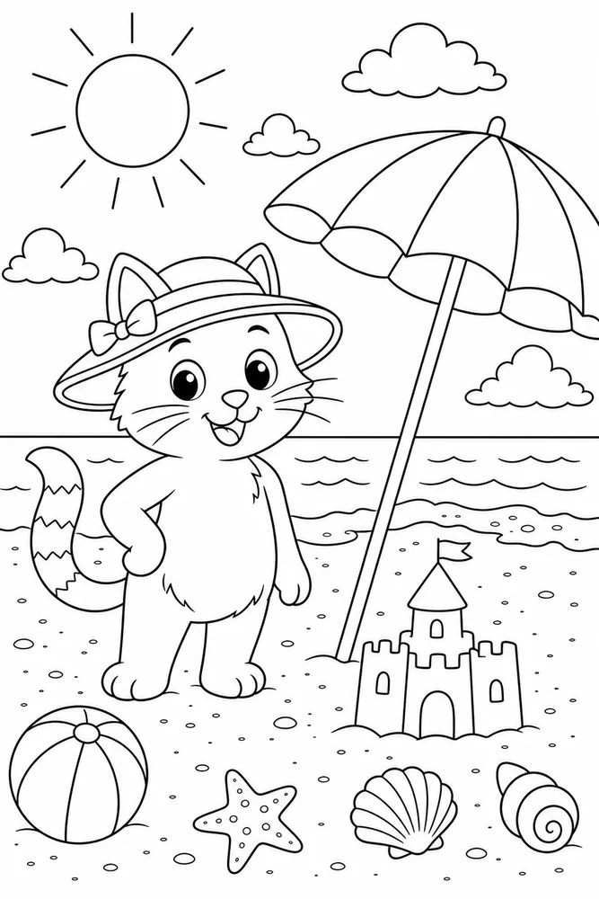 Weather Cat Sunhat printable coloring page for kids