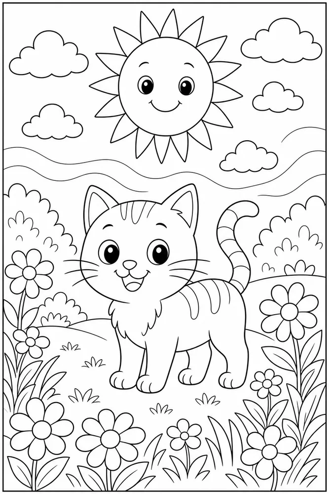 Weather Cat Coloring Pages preview: Weather Cat Sunny Clouds printable coloring page for kids