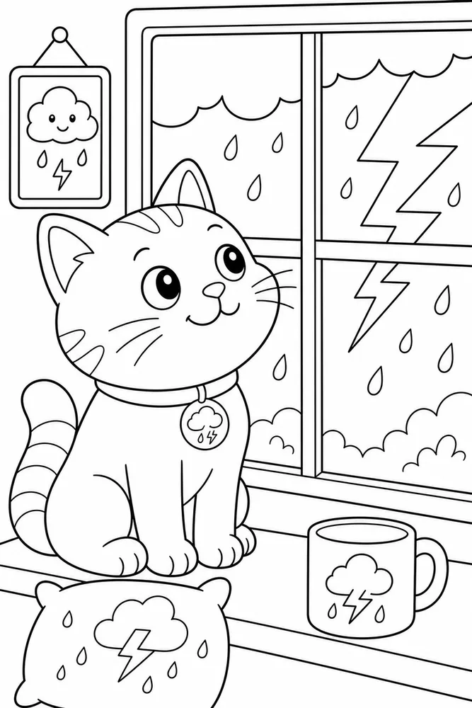 Weather Cat Thunder Window printable coloring page for kids