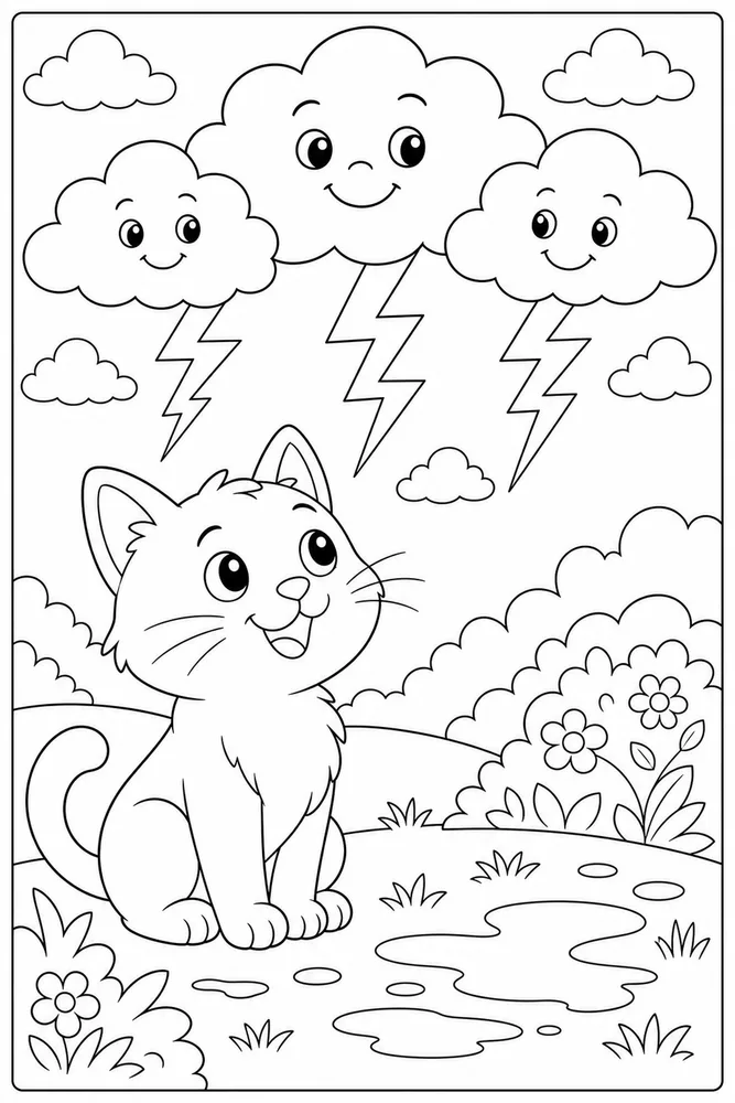 Weather Cat Thundercloud Sky printable coloring page for kids