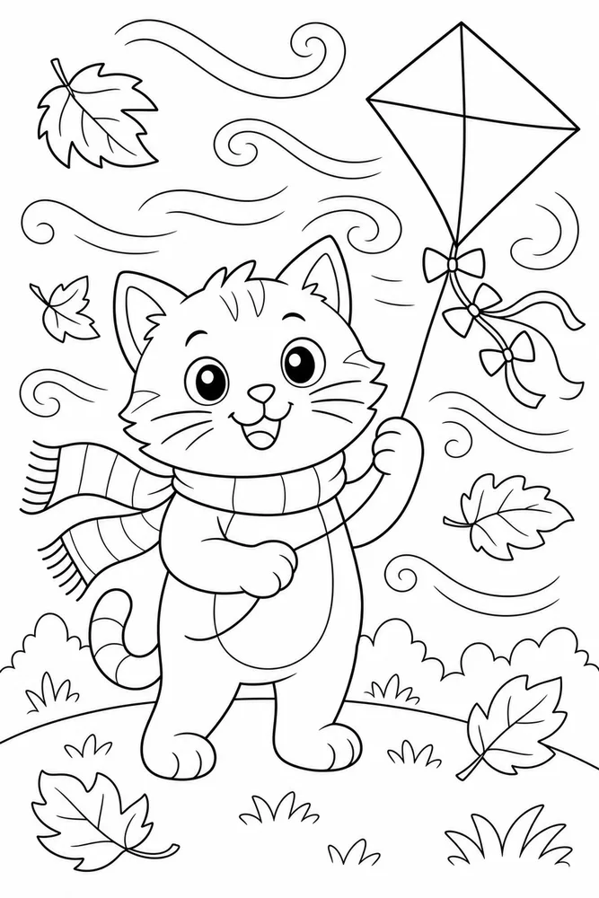 Weather Cat Windy Kite printable coloring page for kids