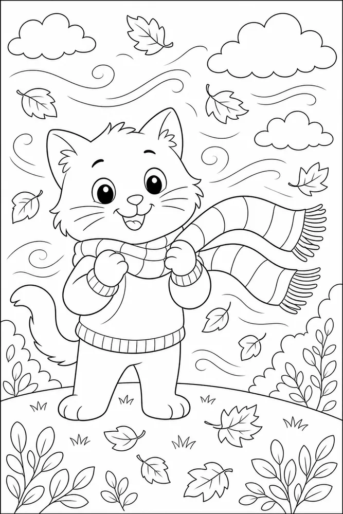Weather Cat Windy Scarf printable coloring page for kids