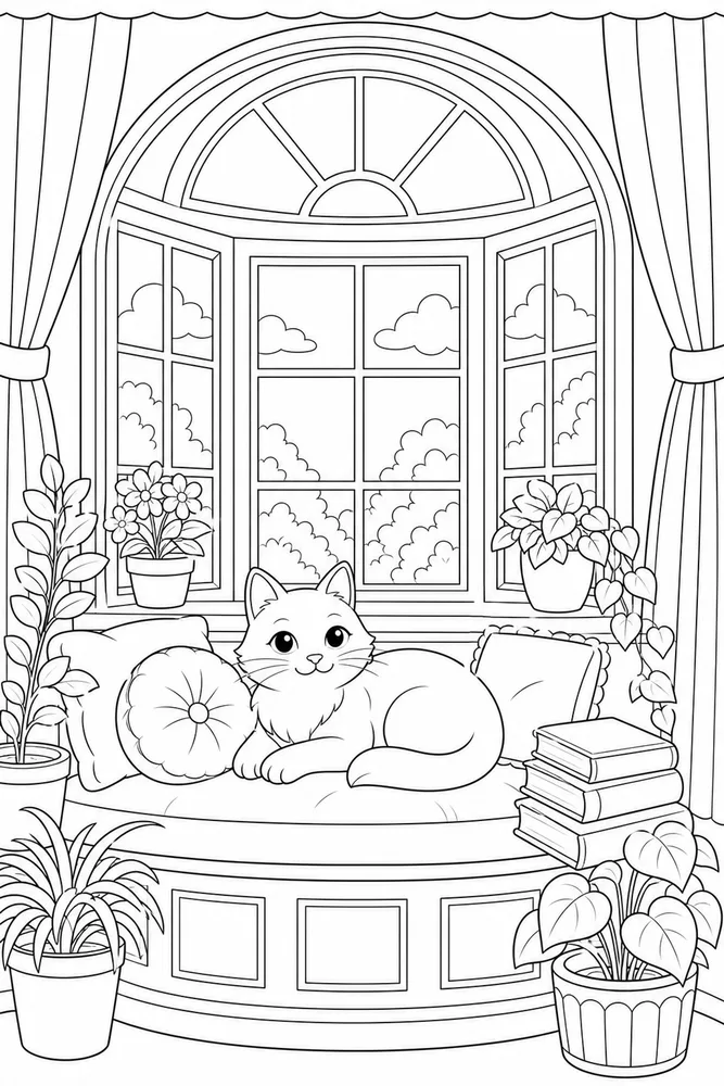Window Cat Bay Window Cushions printable coloring page for kids