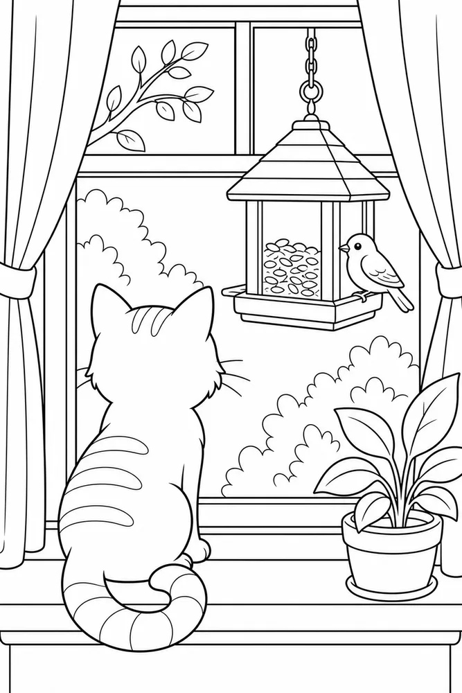 Window Cat Bird Feeder printable coloring page for kids
