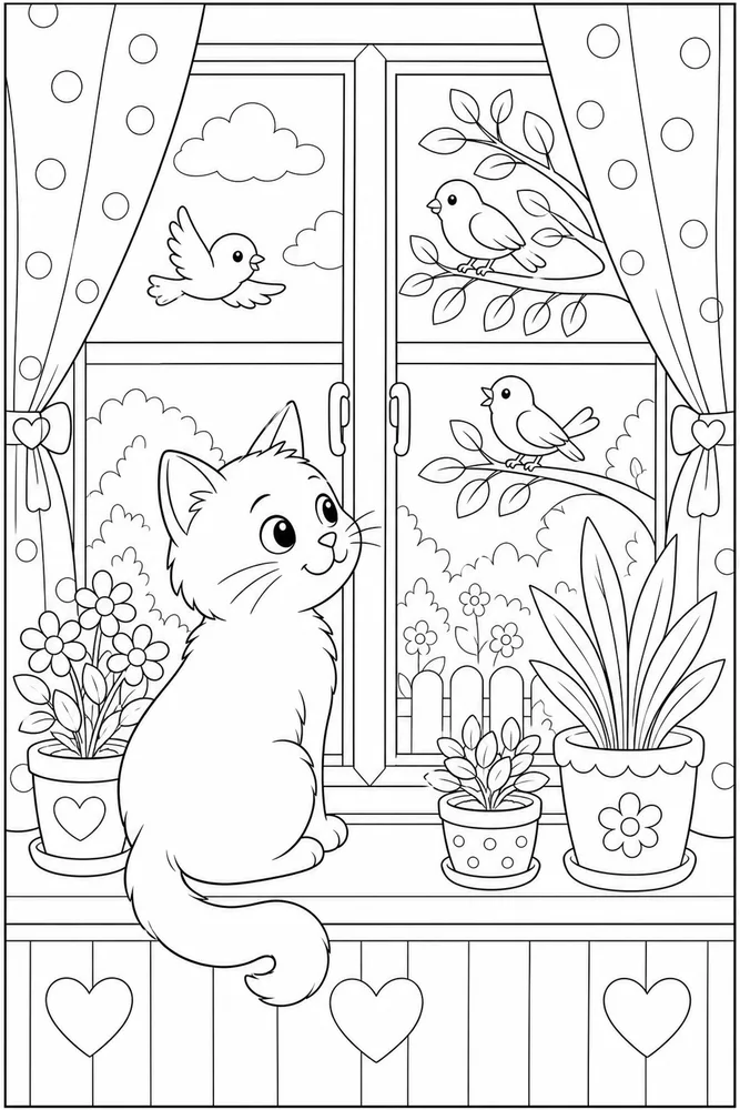 Window Cat Bird Watching printable coloring page for kids