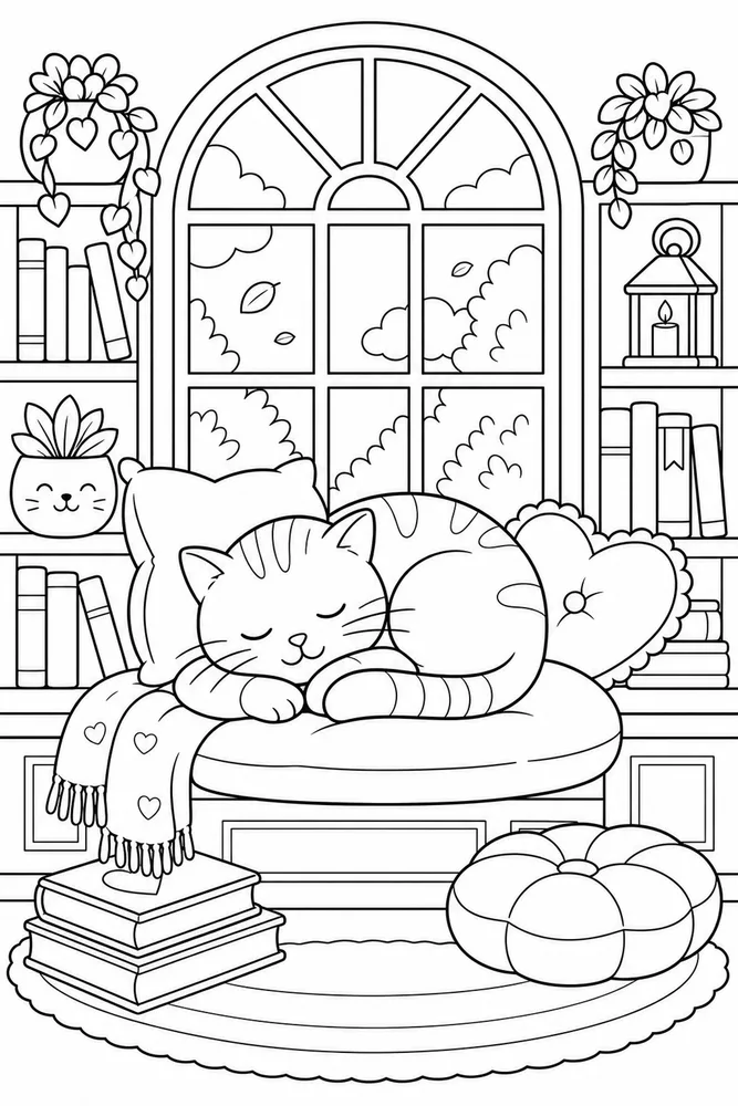 Window Cat Book Nook printable coloring page for kids