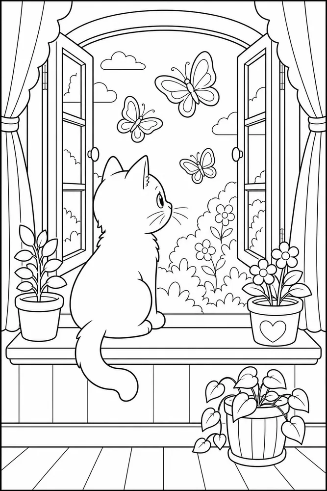 Window Cat Butterfly View printable coloring page for kids