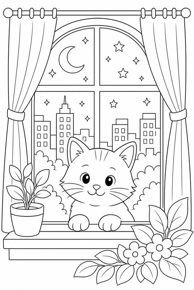 Window Cat City Lights printable coloring page for kids
