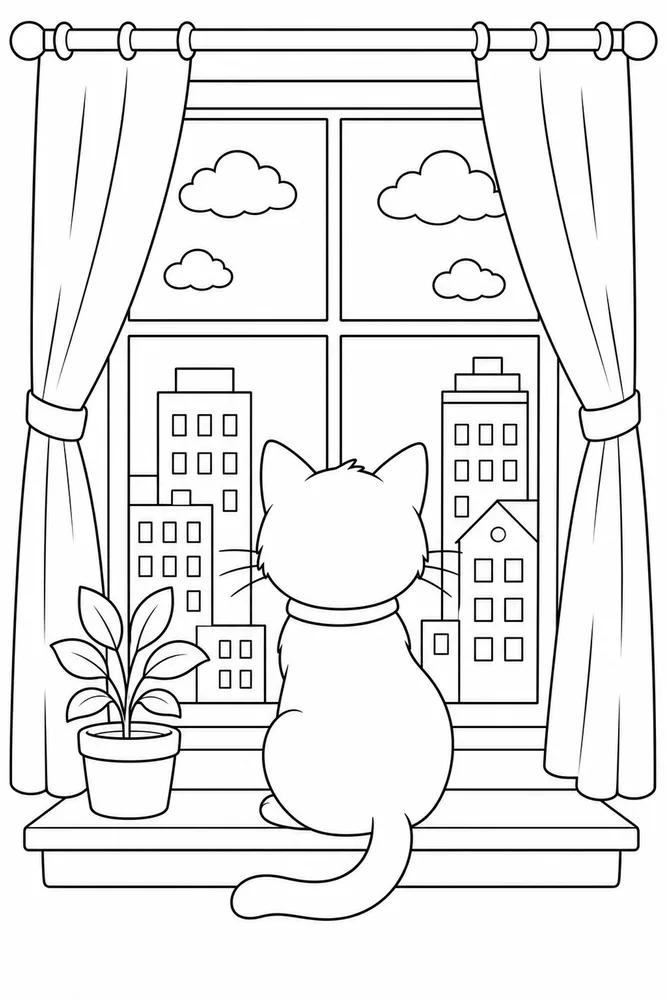 Window Cat City View printable coloring page for kids