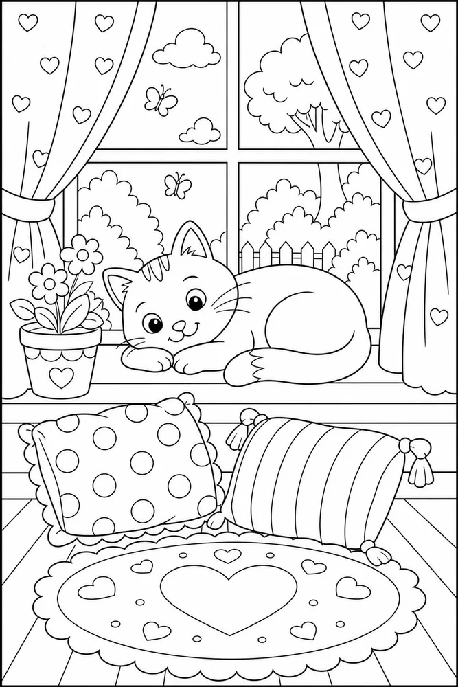 Window Cat Curtain Nap printable coloring page for kids