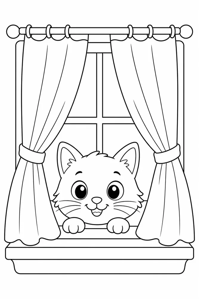 Window Cat Curtain Peek printable coloring page for kids