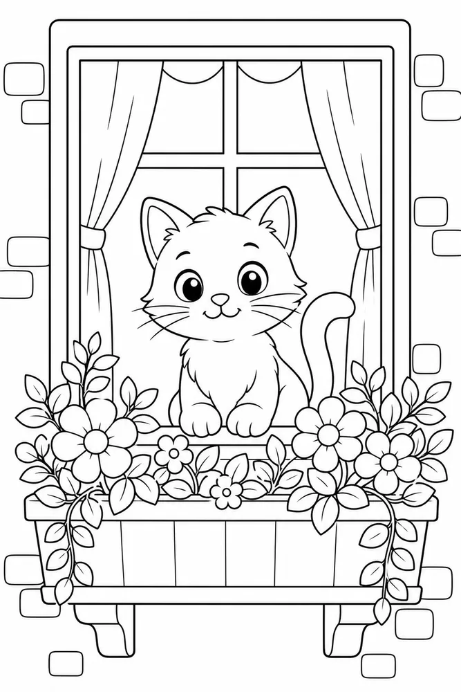 Window Cat Flower Box printable coloring page for kids