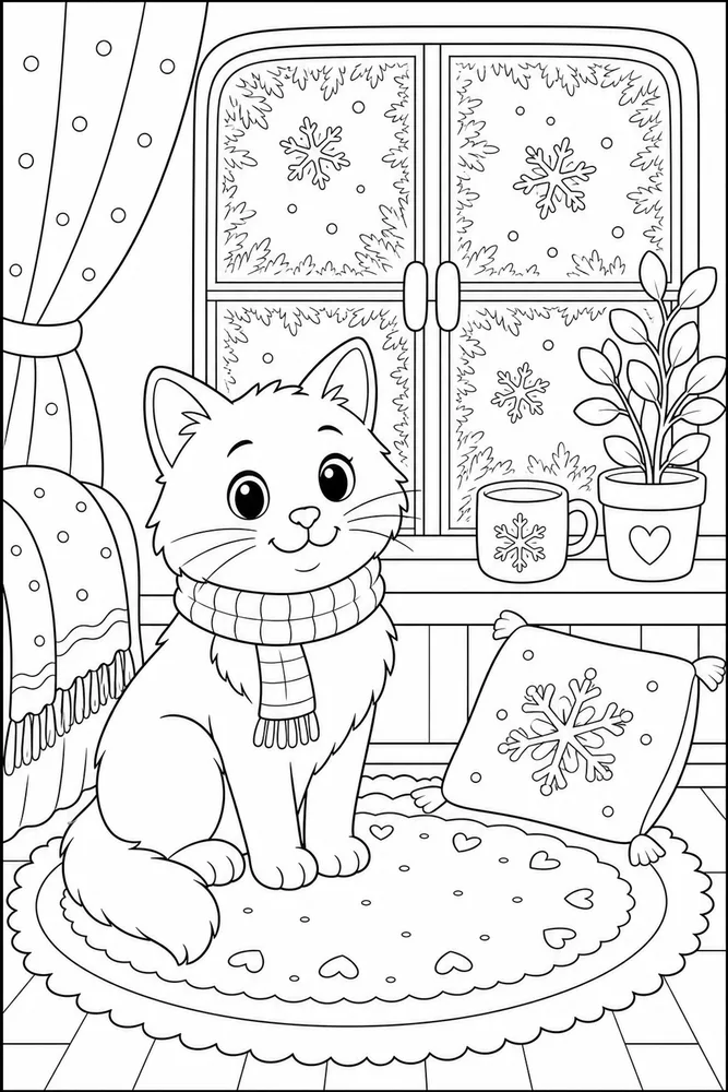 Window Cat Frosty Window printable coloring page for kids