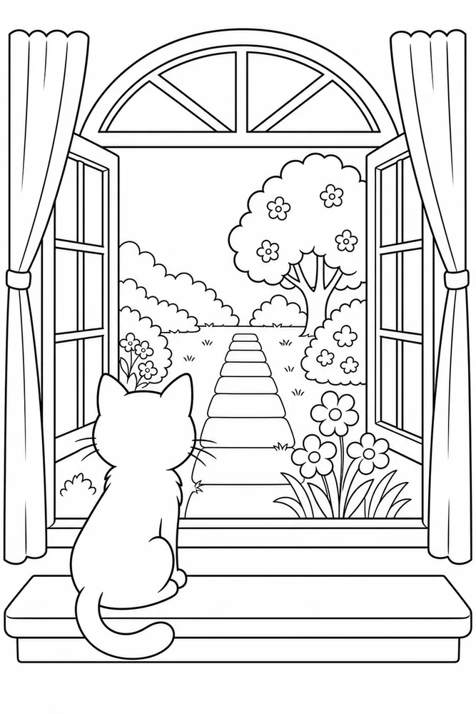 Window Cat Garden Path View printable coloring page for kids