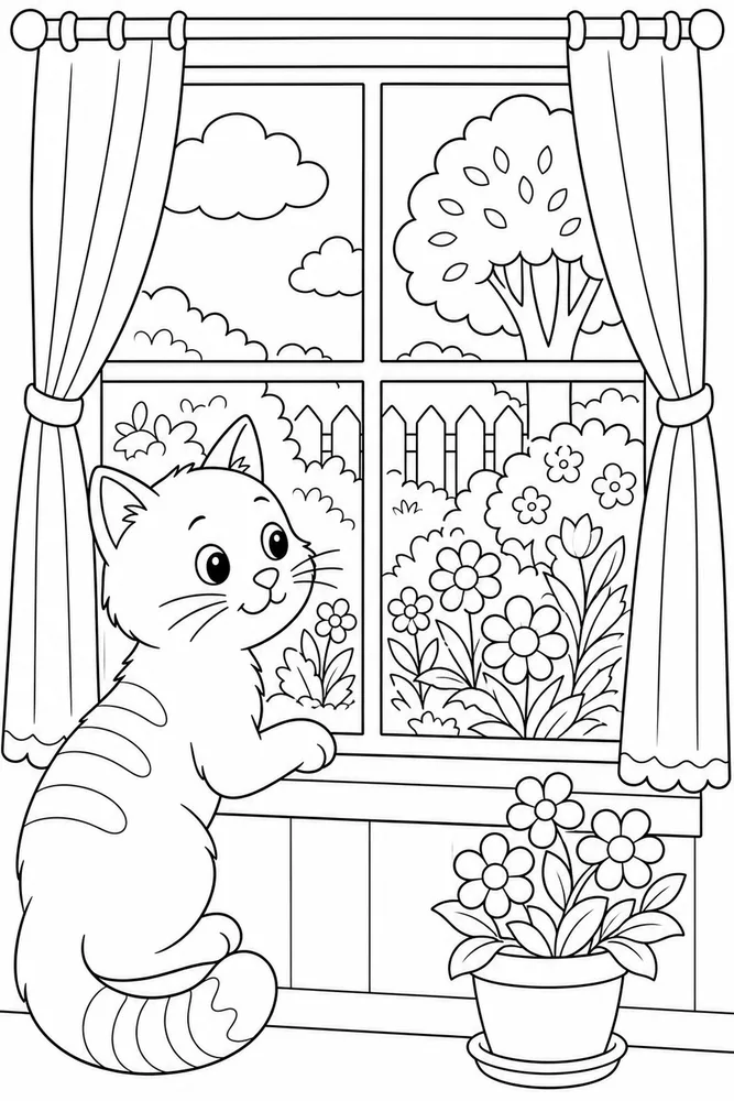Window Cat Garden View printable coloring page for kids