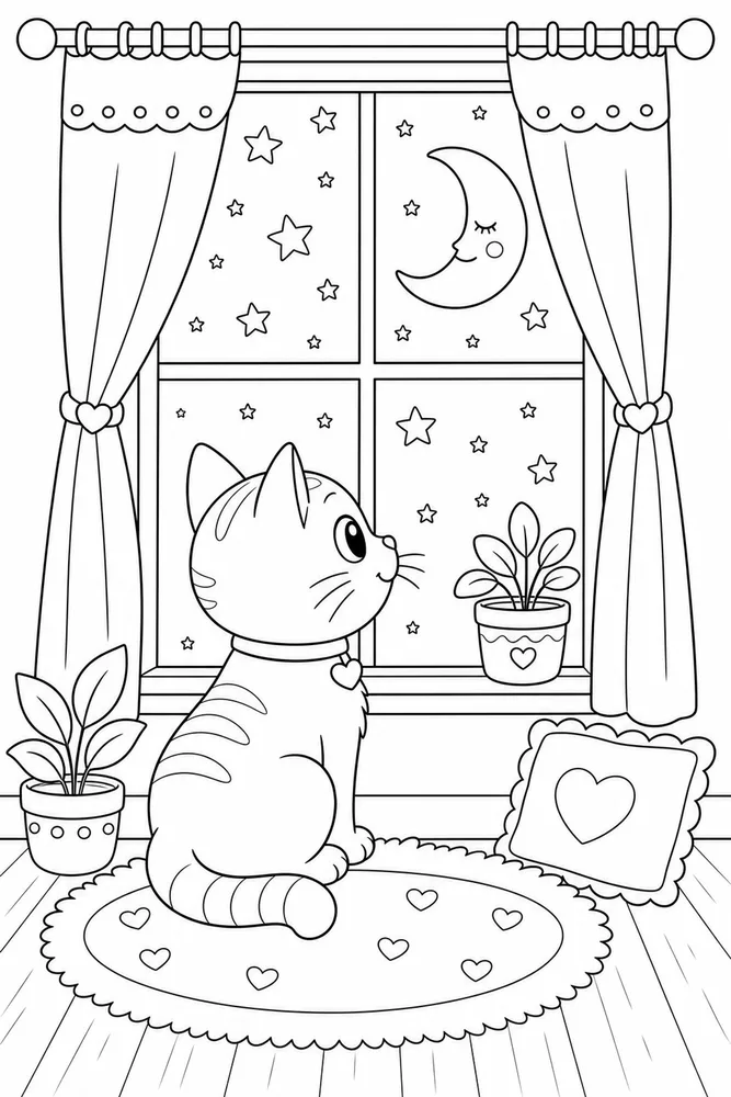 Window Cat Moon View printable coloring page for kids