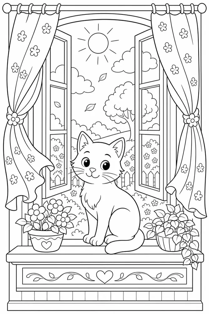 Window Cat Open Breeze printable coloring page for kids