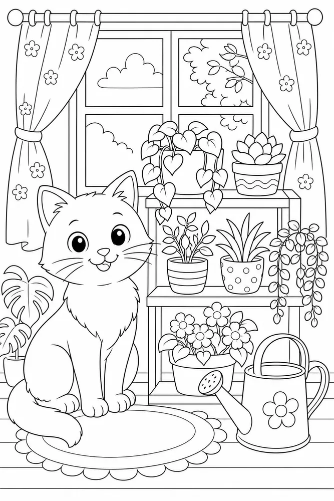 Window Cat Plant Shelf printable coloring page for kids