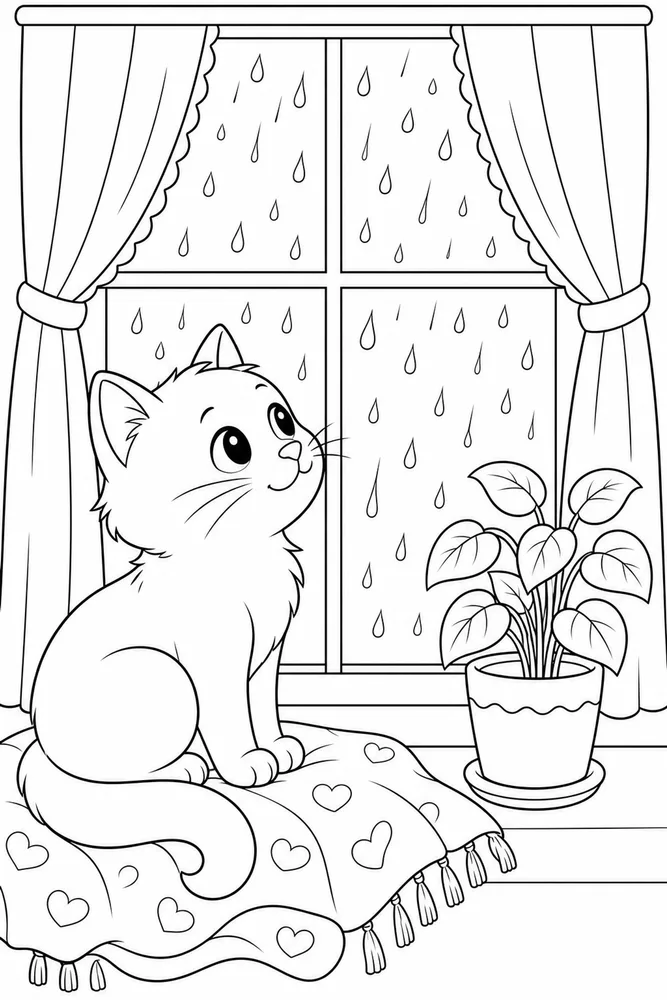 Window Cat Rain Drops printable coloring page for kids