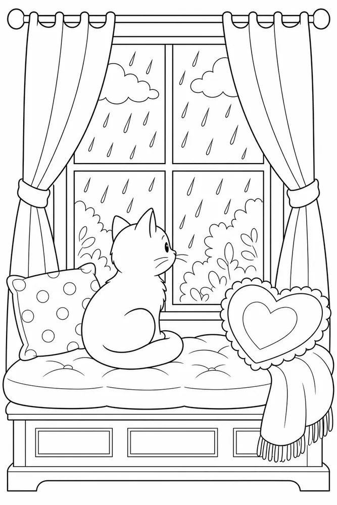 Window Cat Rain Watch printable coloring page for kids