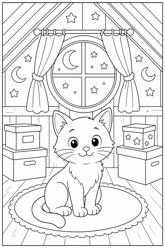 Window Cat Round Attic Window printable coloring page for kids