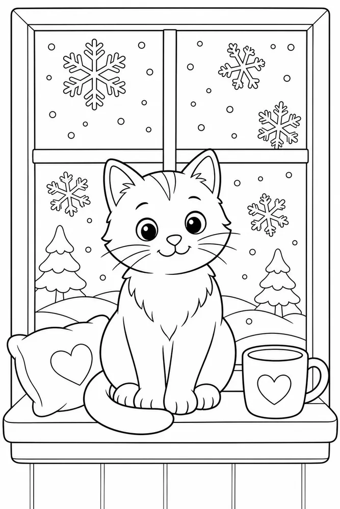 Window Cat Snowy Sill printable coloring page for kids