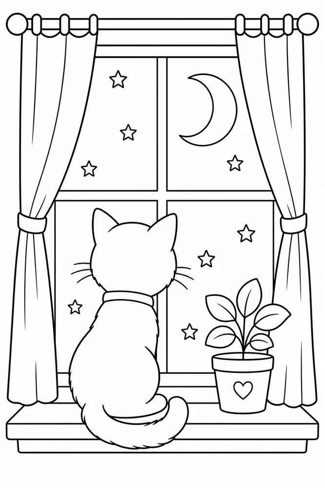 Window Cat Starry Night printable coloring page for kids