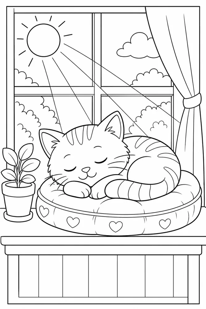Window Cat Sunbeam Nap printable coloring page for kids