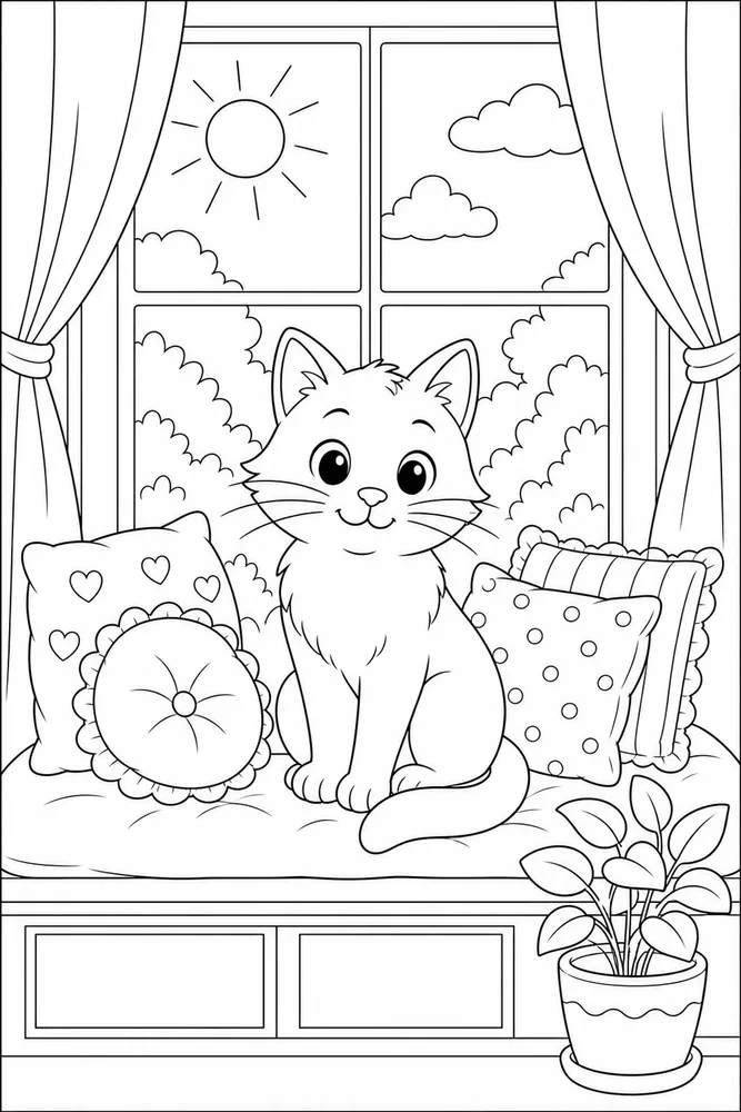Window Cat Sunny Seat printable coloring page for kids