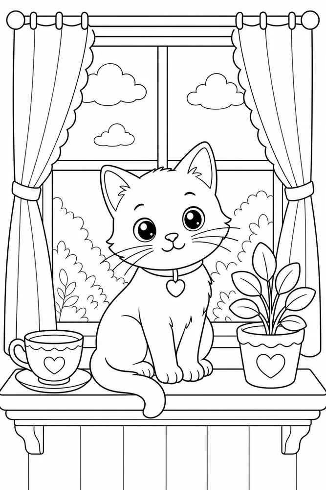 Window Cat Teacup Sill printable coloring page for kids
