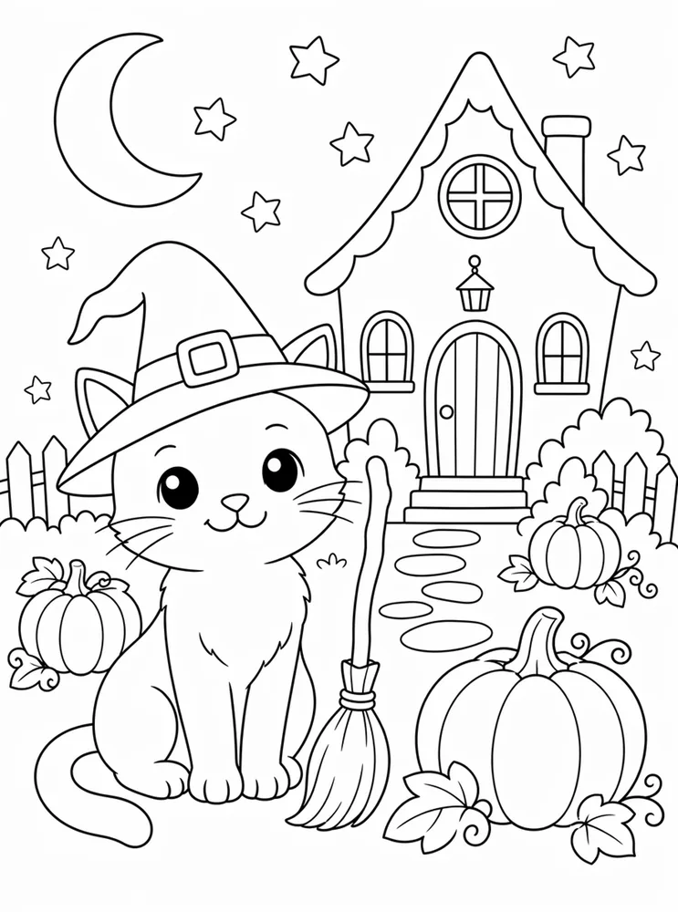 Witch Cat Spooky House coloring page preview