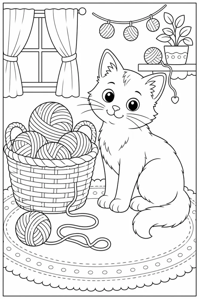 Yarn Cat Coloring Pages preview: Yarn Cat Basket printable coloring page for kids