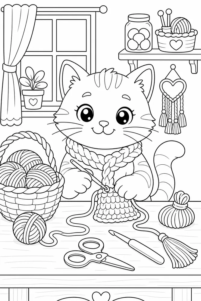Yarn Cat Craft Room printable coloring page for kids