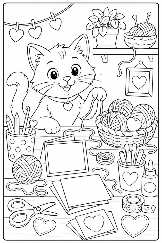 Yarn Cat Craft Table printable coloring page for kids