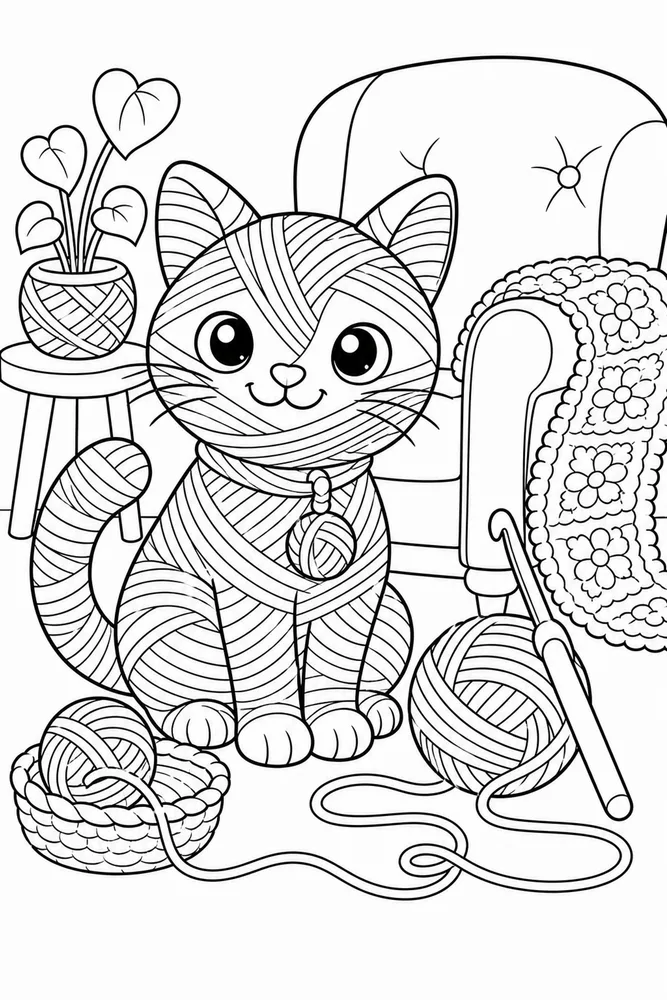 Yarn Cat Crochet Chair printable coloring page for kids