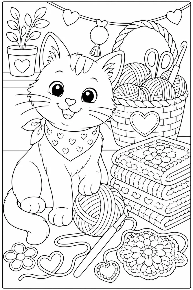 Yarn Cat Crochet Hook printable coloring page for kids