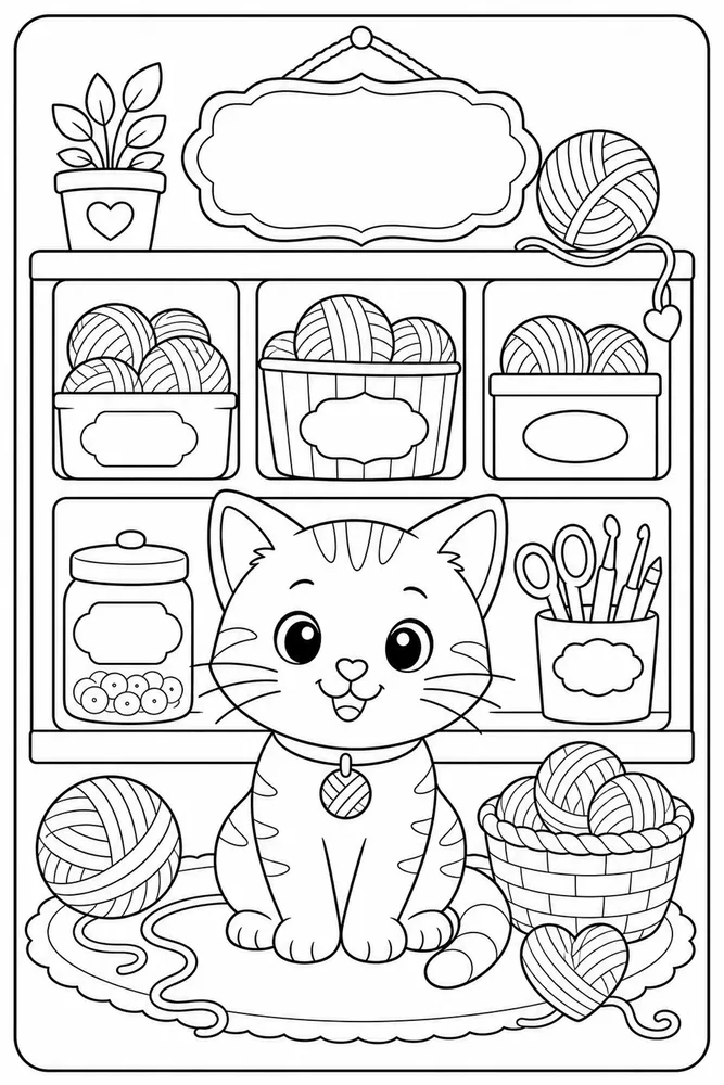 Yarn Cat Cubby Shelf printable coloring page for kids