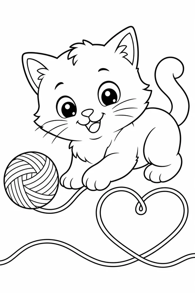 Yarn Cat Heart String printable coloring page for kids