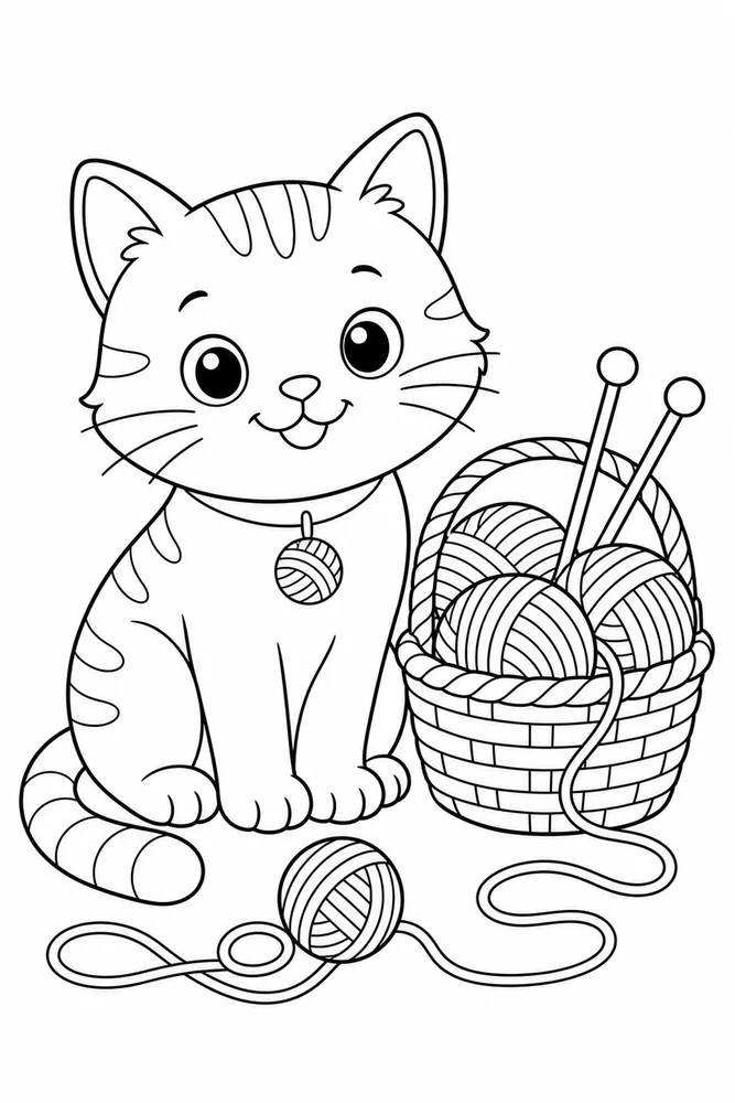 Yarn Cat Knitting Basket printable coloring page for kids