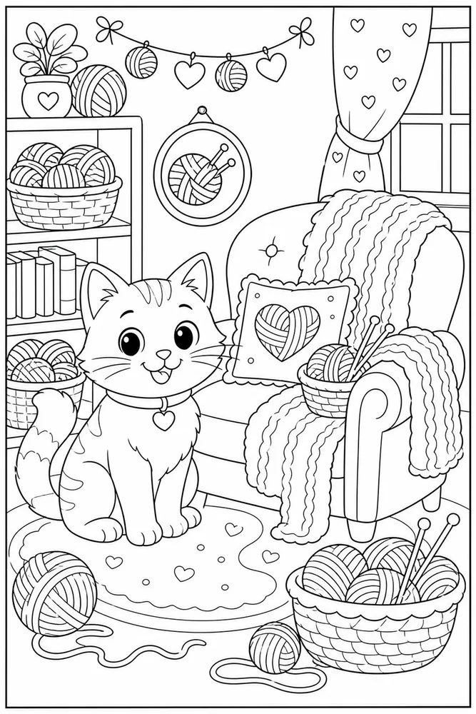 Yarn Cat Knitting Chair printable coloring page for kids