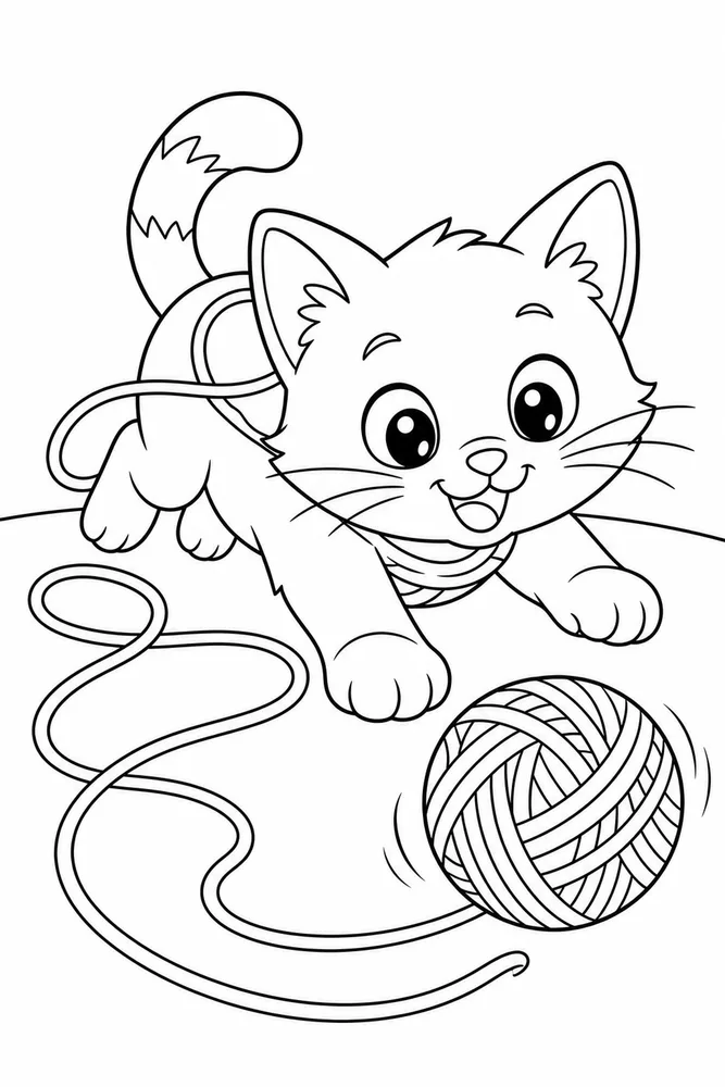 Yarn Cat Rolling Ball Trail printable coloring page for kids