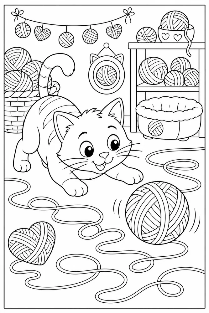 Yarn Cat Rolling Ball printable coloring page for kids