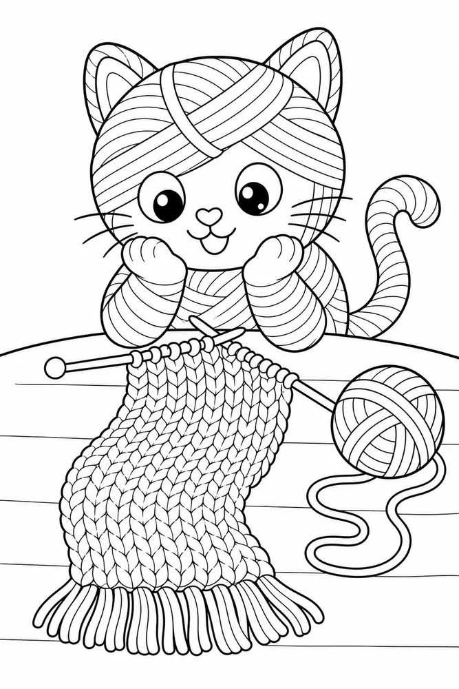 Yarn Cat Scarf Progress printable coloring page for kids