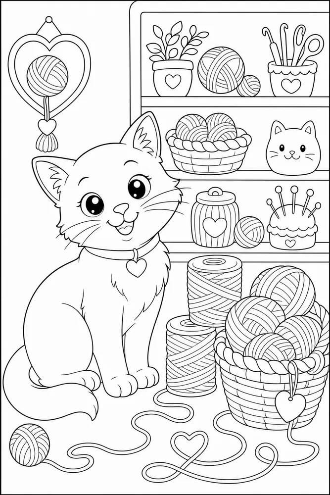 Yarn Cat Spool Stack printable coloring page for kids